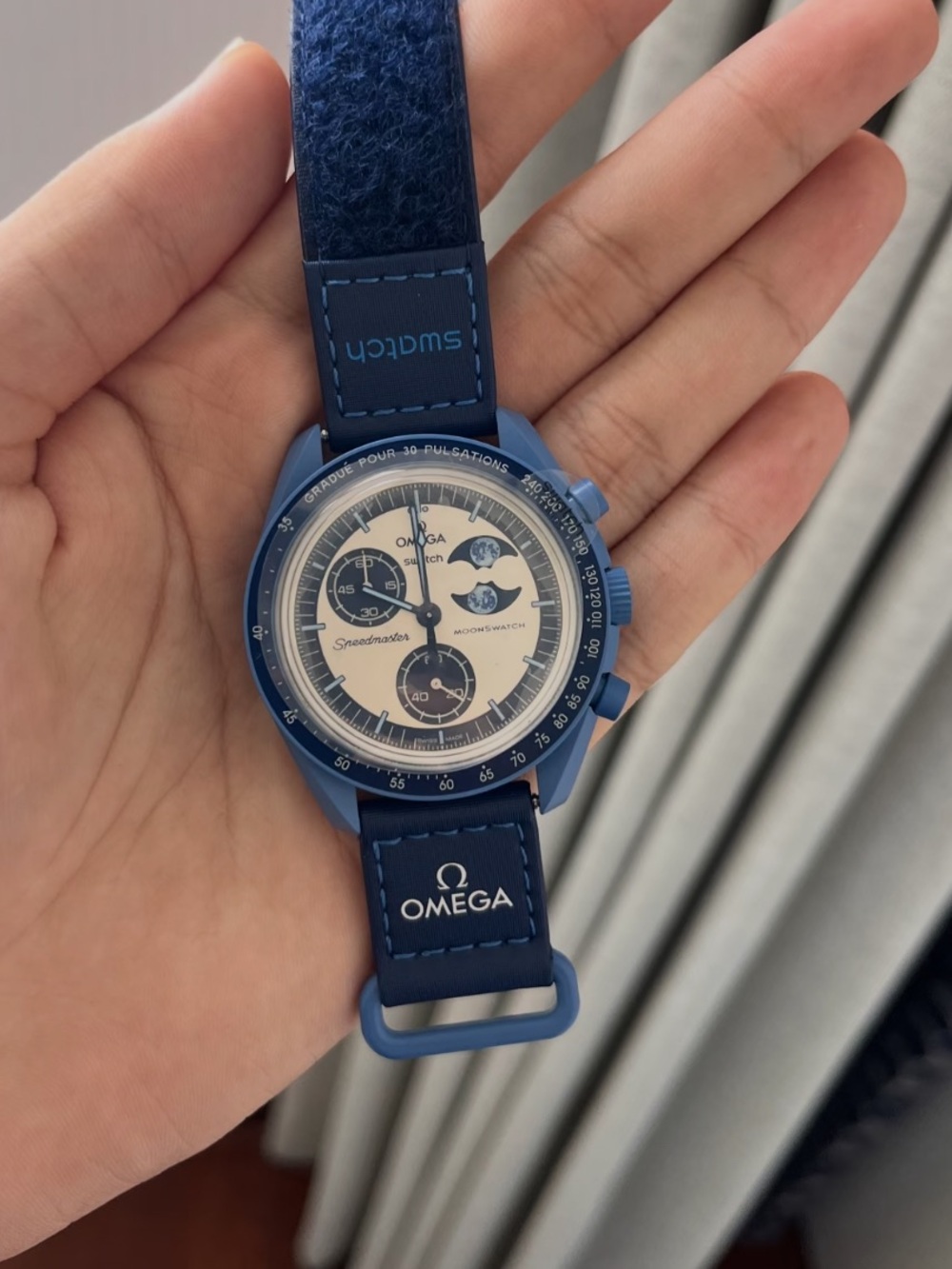 Swatch blue and cream Omega x Swatch Speedmaster Moonwatch